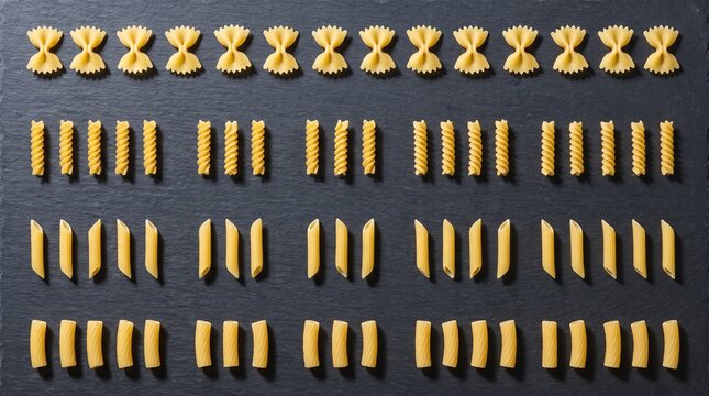 Various types of dry raw pasta arranged in organized rows on a dark board