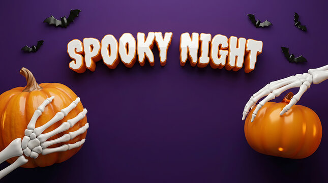 Spooky night text with pumpkins and skeleton hands on purple background