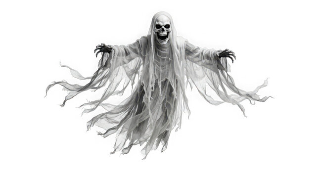 Scary ghost with skull face and tattered robes isolated on transparent background