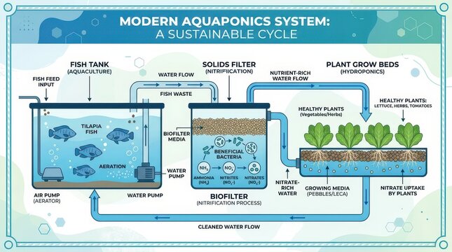 Aquaponics system diagram showing a tilapia fish tank biofilter with nitrification bacteria converting ammonia to nitrates and hydroponic plant grow beds