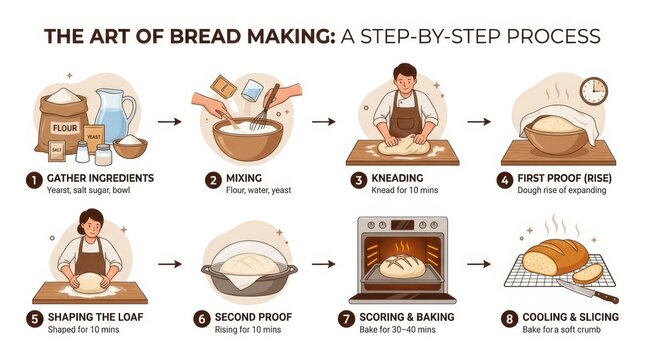 Bread making process infographic with eight steps from gathering flour yeast and salt through mixing kneading proofing shaping scoring baking and slicing