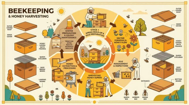 Beekeeping and honey harvesting cycle infographic with labeled hive parts brood boxes honey supers queen excluder and six seasonal stages of colony work