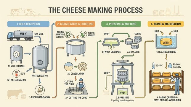 Cheese making process infographic from milk reception and pasteurization through coagulation curd cutting whey drainage pressing molding salting and aging