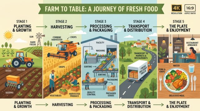 Farm to table infographic with five stages of fresh food from planting and growth to harvesting processing packaging transport distribution and a served meal