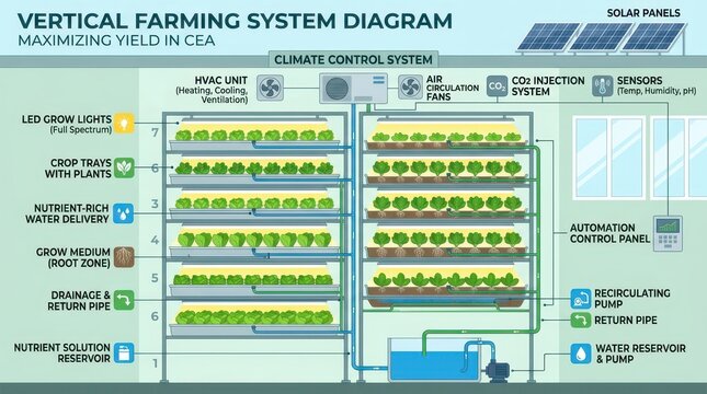 Vertical farming system diagram with stacked crop trays LED grow lights nutrient reservoir recirculating pump HVAC climate control CO2 injection and sensors