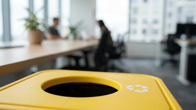 Yellow recycling bin with icon close-up in a blurred modern office background