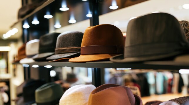 Display of different hats in a store showing various styles and colors in a shopping area