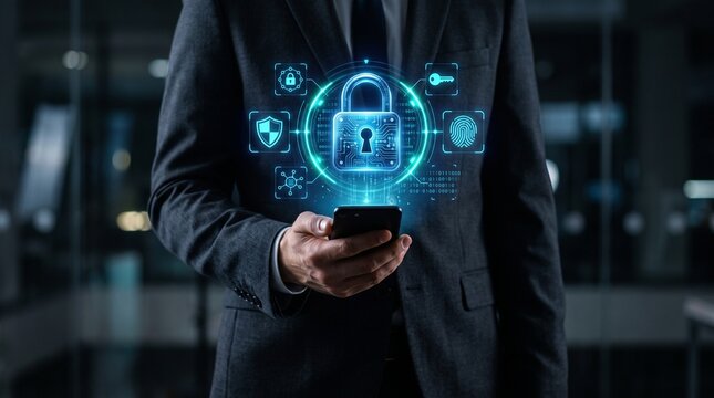 Businessman holding a smartphone with digital cyber security padlock icons
