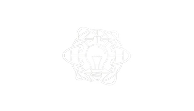 Minimalist thin white line icon on white background depicts a light bulb inside a gear with orbital science rings.