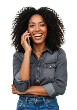 A mid-30s african-american woman with voluminous 3c curly hair, wearing a charcoal denim shirt, smiles while talking on a smartphone, soft studio light, professional clarity concept