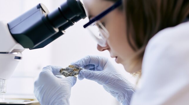 Scientist examines rock sample under microscope in laboratory during daytime