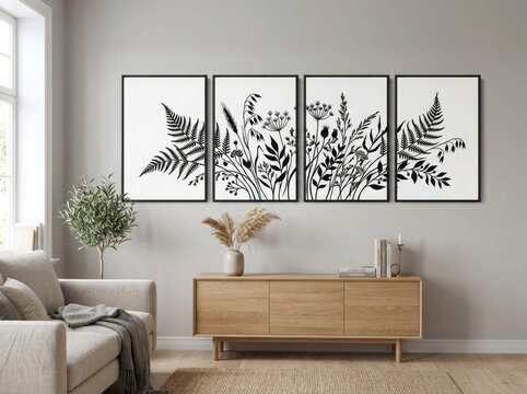 Minimalist botanical wall art mockup, black floral silhouettes in four frames, modern living room interior with wooden sideboard