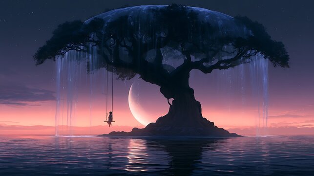 Fantasy tree with swing under moonlit sky and starry night