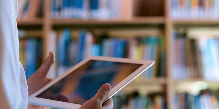 Person holding a tablet while standing in front of a bookshelf filled with books