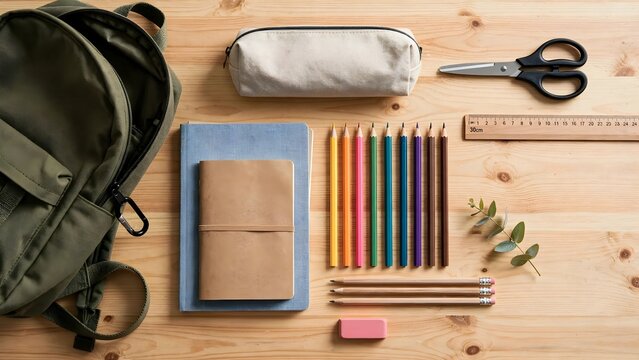Back to school supplies flat lay with backpack notebooks and colored pencils