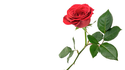 Fototapeta premium Single beautiful red rose flower with green leaves isolated on transparent background