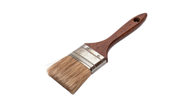 Classic wooden handle paint brush with brown bristles isolated on transparent background