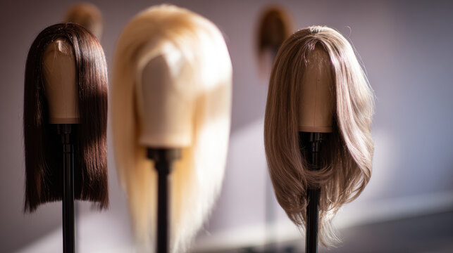 Display of different hair wigs in a studio during daylight hours