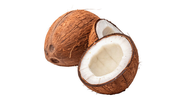 Whole hairy coconut with a broken half showing meat isolated on transparent background
