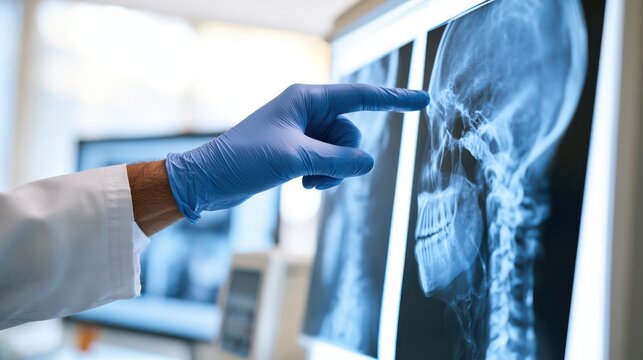 A gloved hand points at a skull X-ray on a lightbox, highlighting dental and cranial details in a clinical setting.