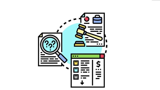 Legal professionals managing case documentation, archiving important files, investigating details, and reviewing information with tools like a gavel, magnifying glass, and digital interface