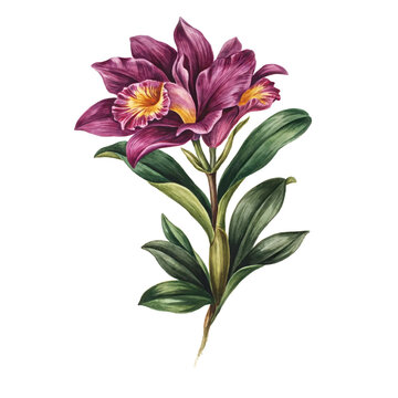 Detailed botanical of a vibrant purple cattleya orchid flower with green leaves and yellow center isolated on a transparent background