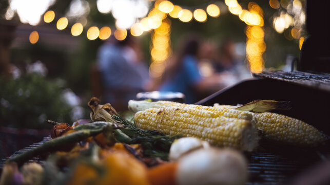 Grilling vegetables and corn at a backyard gathering with friends during the evening hours