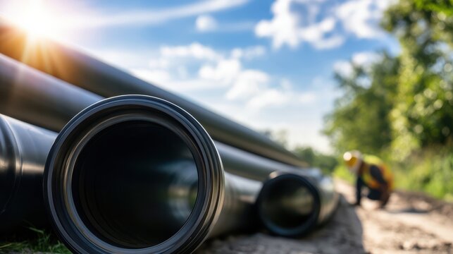 Large black industrial pipes lie on the ground outdoors, with a worker in safety gear blurred in the background under a bright sky.