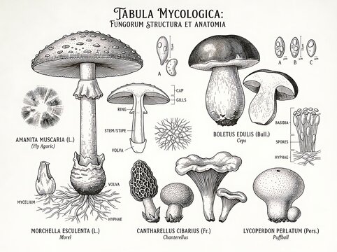 Mushroom anatomy and types botanical illustration