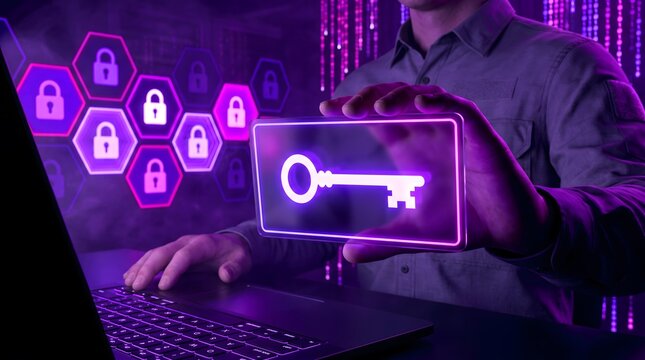 Cybersecurity professional holding digital key icon, network security protection with glowing locks, futuristic data encryption concept