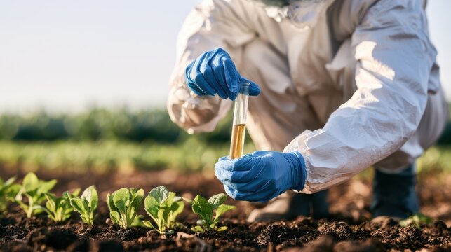 A scientist in protective gear collects a soil sample in a test tube from a crop field for agricultural or environmental testing.