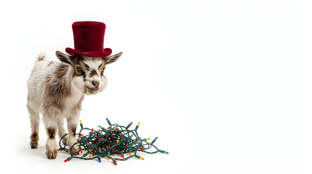 A hilariously angry little goat with puffed cheeks, furrowed eyebrows and tiny horns, wearing a festive New Year hat, standing beside a tangled string of Christmas lights, exaggerated funny expression