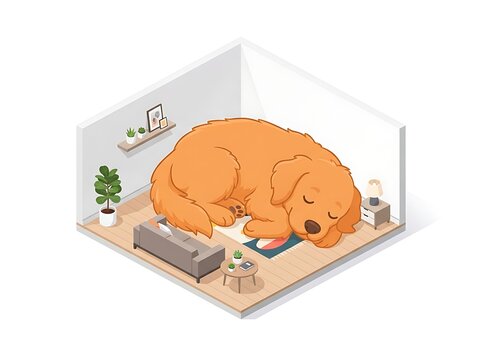 Golden dog sleeping peacefully on rug in modern living room isometric view