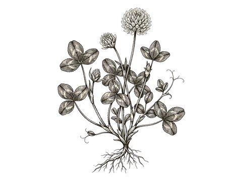 Botanical illustration of clover plant with flowers and roots