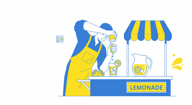 Man squeezing lemon at lemonade stand - vector illustration