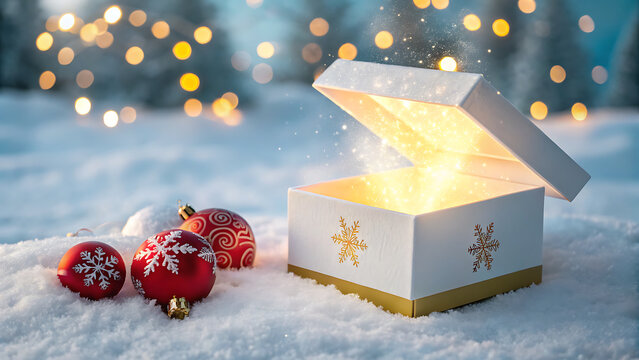 Magical glowing open gift box in snowy winter landscape with red Christmas baubles and blurred golden bokeh lights background