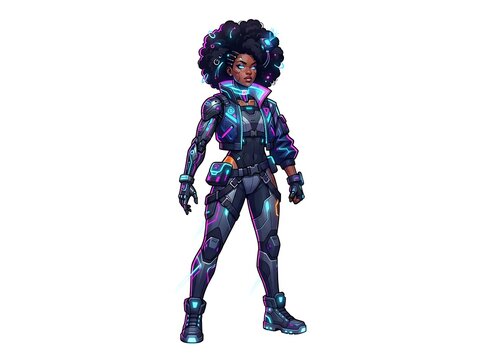 Futuristic woman in neon cyberpunk outfit isolated on white