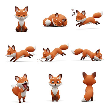 Cute orange fox character set featuring various poses and actions