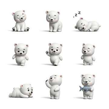 3d cartoon polar bear character set with various poses