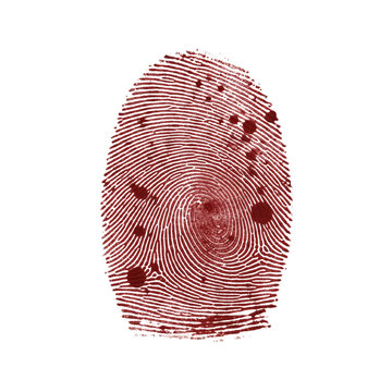 Detailed red ink fingerprint impression with scattered splatter marks and concentric ridge pattern isolated on a transparent background