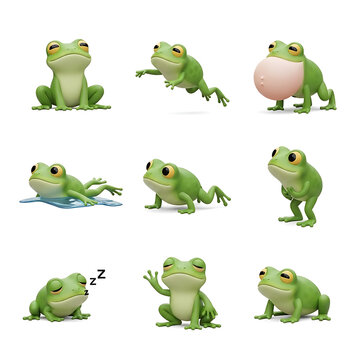 Cute green frog character in various poses set