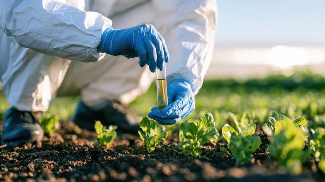 A person in protective gear collects a soil sample from a garden for scientific analysis, highlighting environmental research in agriculture.