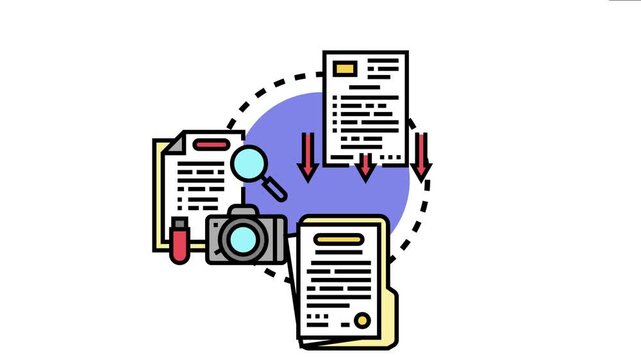Case proof document compiling investigation legal material, forming a concept of evidence, analysis, and discovery using various methods and records