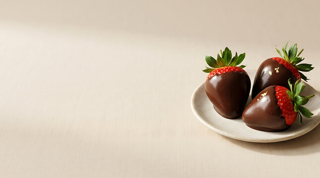 Three delicious chocolate-covered strawberries with gold flakes on a white plate, set against a soft beige background with gentle lighting.