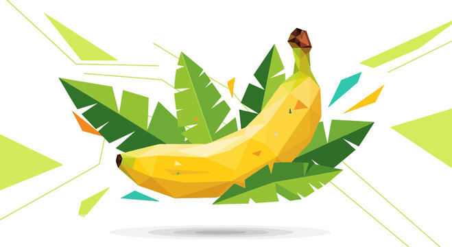 Low poly banana illustration with tropical leaves, jungle, graphic design