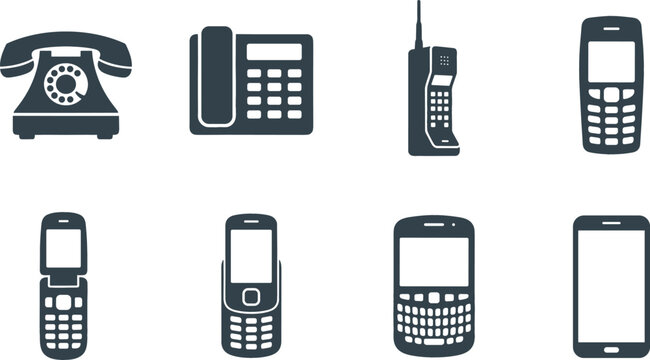 Evolution of Telephones and Communication Devices Silhouette Icon Set Featuring Vintage Rotary Office Desk Flip Keyboard QWERTY and Modern Smartphones