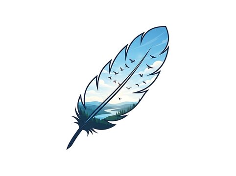 Feather with landscape and birds illustration