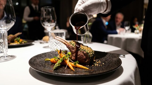 Fine dining experience with gourmet lamb dish in elegant restaurant