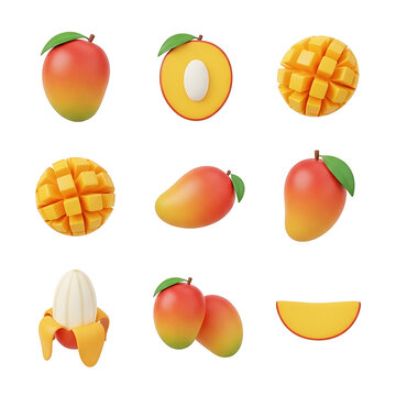 Set of 3d mango fruit icons isolated on white background