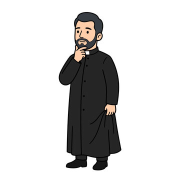 Cartoon priest in black cassock contemplating with hand on chin.